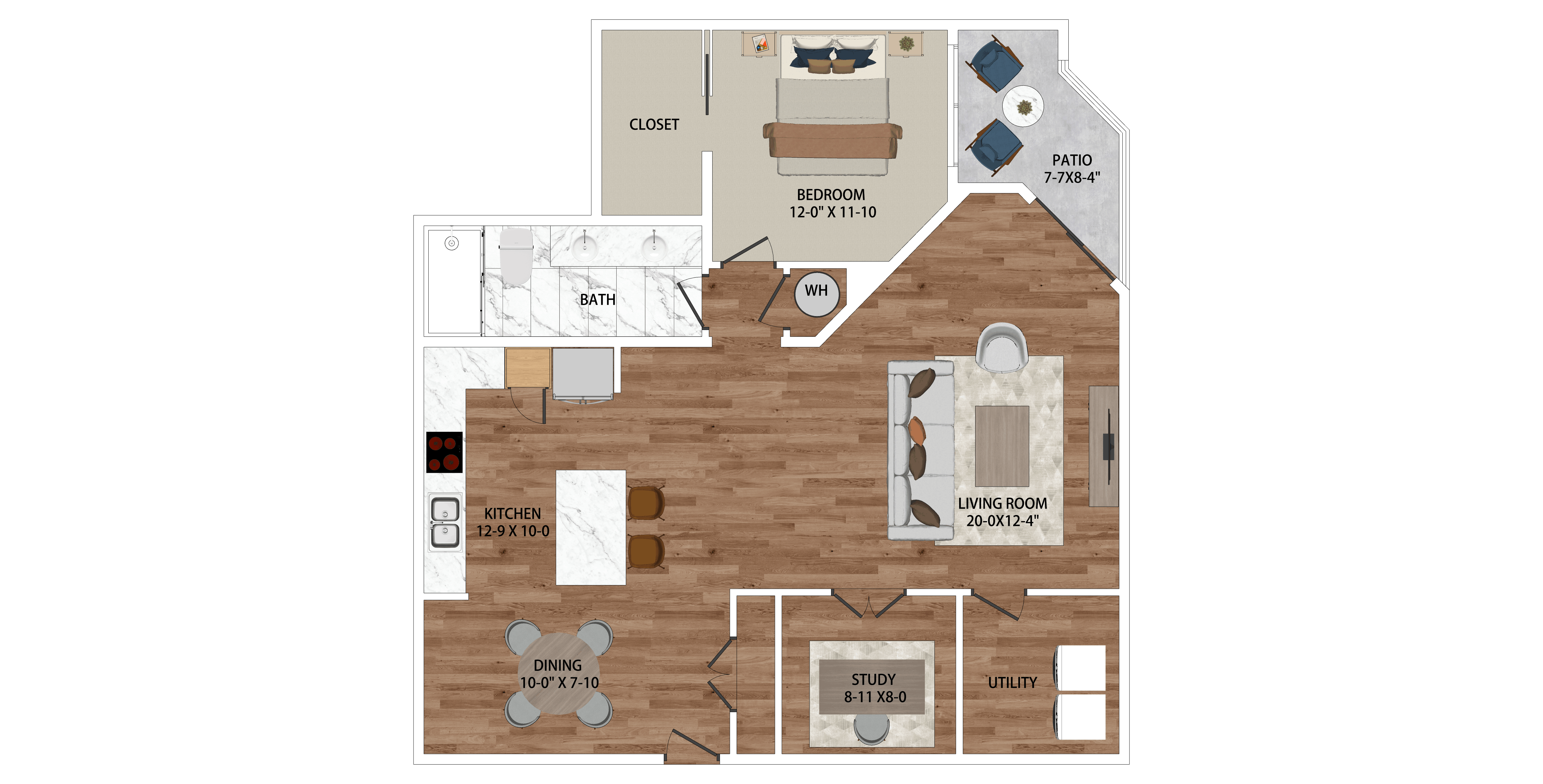 Floor plan for 1 bed, 1 bath, 1215 sqft
